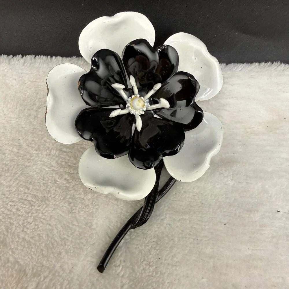 Vintage Enamel Flower Brooch Black White Layered Floral Pin  Mod Pop Art